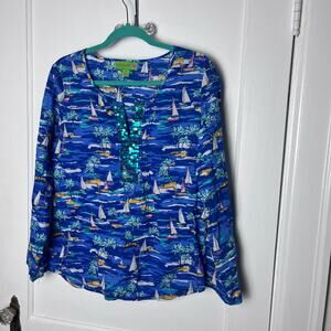 Island Republic Blue Long Sleeve Tunic Top Sail Boat Beach Ocean Glitter Size M